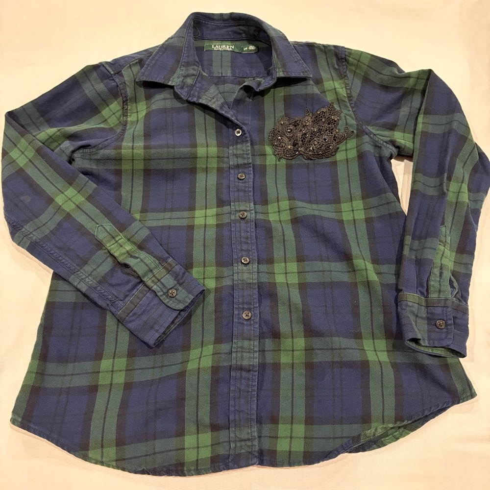 Ralph Lauren Blue & Green Plaid Button-Down Shirt with Black Lace Detail